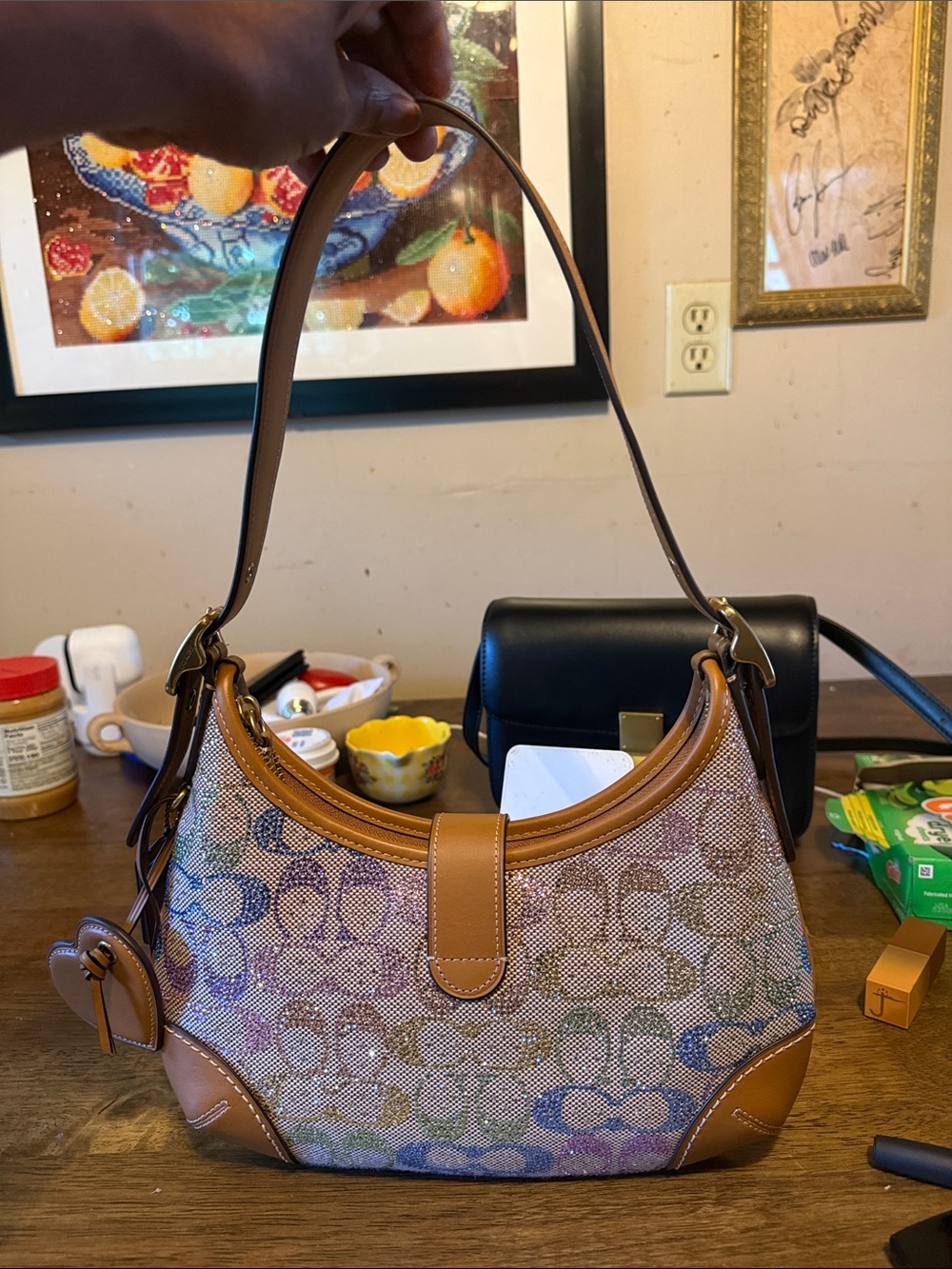 Coach Multicolor Signature Crescent Shoulder Bag with Tan Leather Trim - Picture 3 of 11